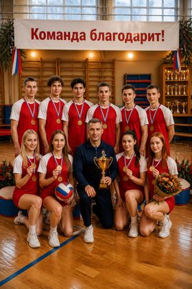Команда окружила тренера с кубком — день тренера поздравления открытки
