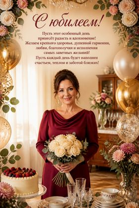 Женщина с розами и золотыми шарами — открытка с юбилеем женщине
