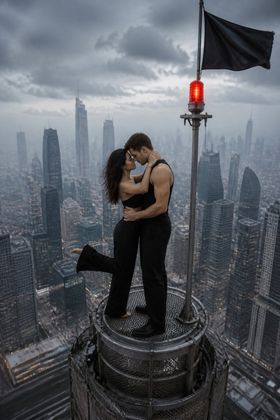 Объятия на крыше небоскрёба — Парная фотосессия из двух отдельных фото — вдвоём в одном кадре