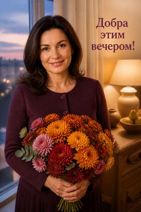 Портрет с букетом осенних хризантем — картинки добра красивые картинки добрый вечер