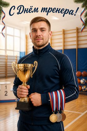 Тренер с золотым кубком в спортивном зале — поздравление с днем тренера