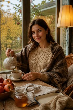 Чай, яблоки и плед на осенней веранде — открытки хорошего дня осенние