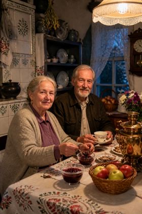 Бабушка и дедушка у самовара — день бабушек и дедушек красивая открытка