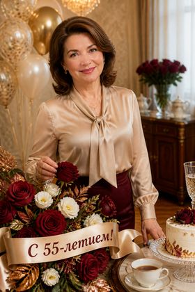 Женщина среди бордовых роз — открытка с юбилеем 55 лет женщине