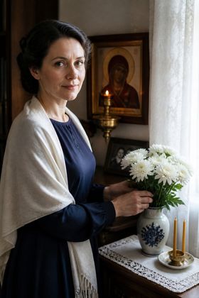 Мама у домашней иконы с живыми цветами — открытки с днем матери с иконой