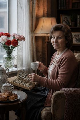 Старшая мама листает семейный альбом у окна — поздравления с днем пожилых маме