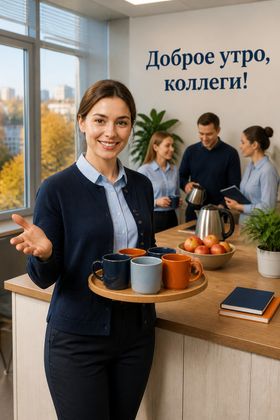 Коллега несёт поднос с чашками — прикольное утро открытки