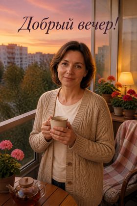 Человек с чаем на балконе в лучах заката — добрый вечер картинки