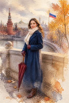Акварельный портрет с Москвой и золотой листвой — открытка с днем народного единства