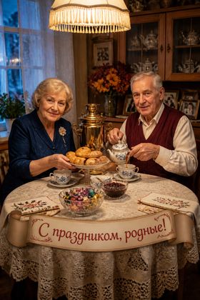 Бабушка и дедушка за вечерним чаем — день бабушек и дедушек поздравление открытка