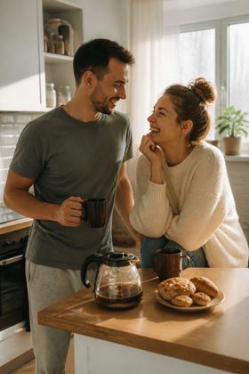 Фотосессия для двоих утром на светлой кухне