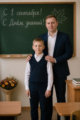 Первое фото у доски — вдвоём с папой — 1 сентября — фото вашего школьника из обычного снимка