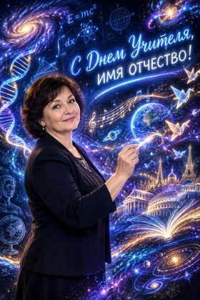 Учитель рисует космические формулы на доске — поздравительная открытка