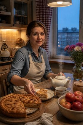 Чай и яблочный пирог на домашней кухне — красивые картинки добрый вечер