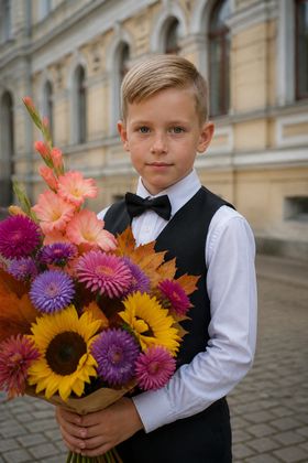 С гладиолусами у гимназии — 1 сентября — фото вашего школьника из обычного снимка