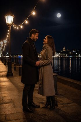 Ночью под фонарями — Парная фотосессия из двух отдельных фото — вдвоём в одном кадре