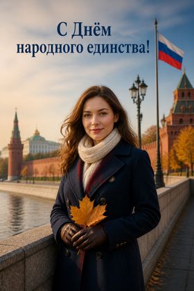 Портрет с флагом на фоне осенней Москвы — день народного единства открытка