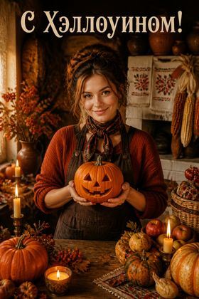 Открытка с человеком, свечами и тыквами — хэллоуин открытка
