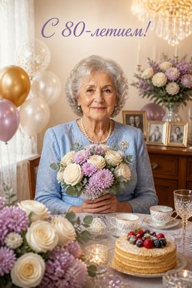 Бабушка с букетом в золотом декоре — открытка с 80 летием женщине