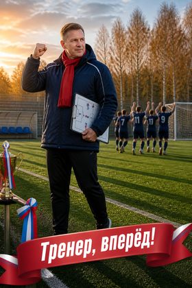 Футбольный тренер на поле после матча — открытка с днем рождения тренера по футболу
