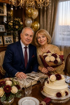 Семейная пара за праздничным столом — поздравить с юбилеем свадьбы