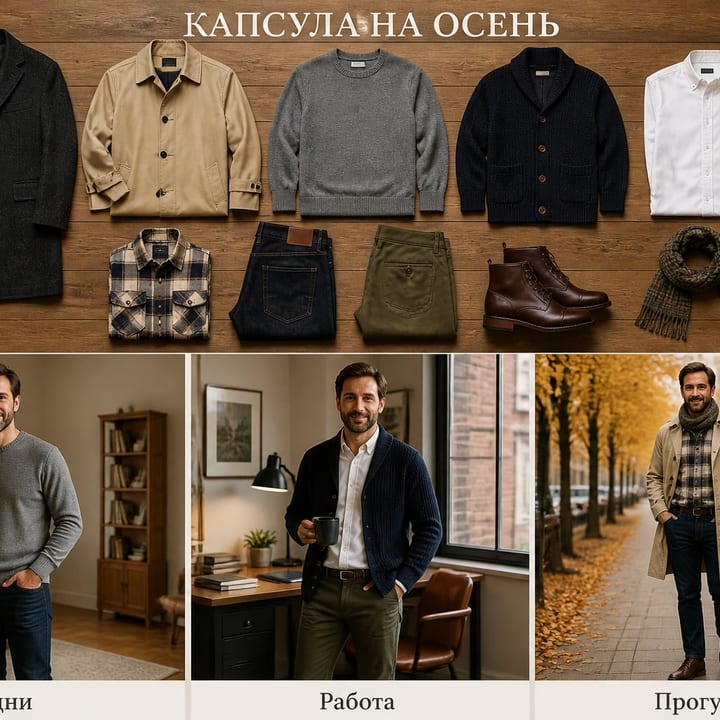 Мужская капсула на осень — Примерьте новую причёску, цвет волос и одежду на своём фото